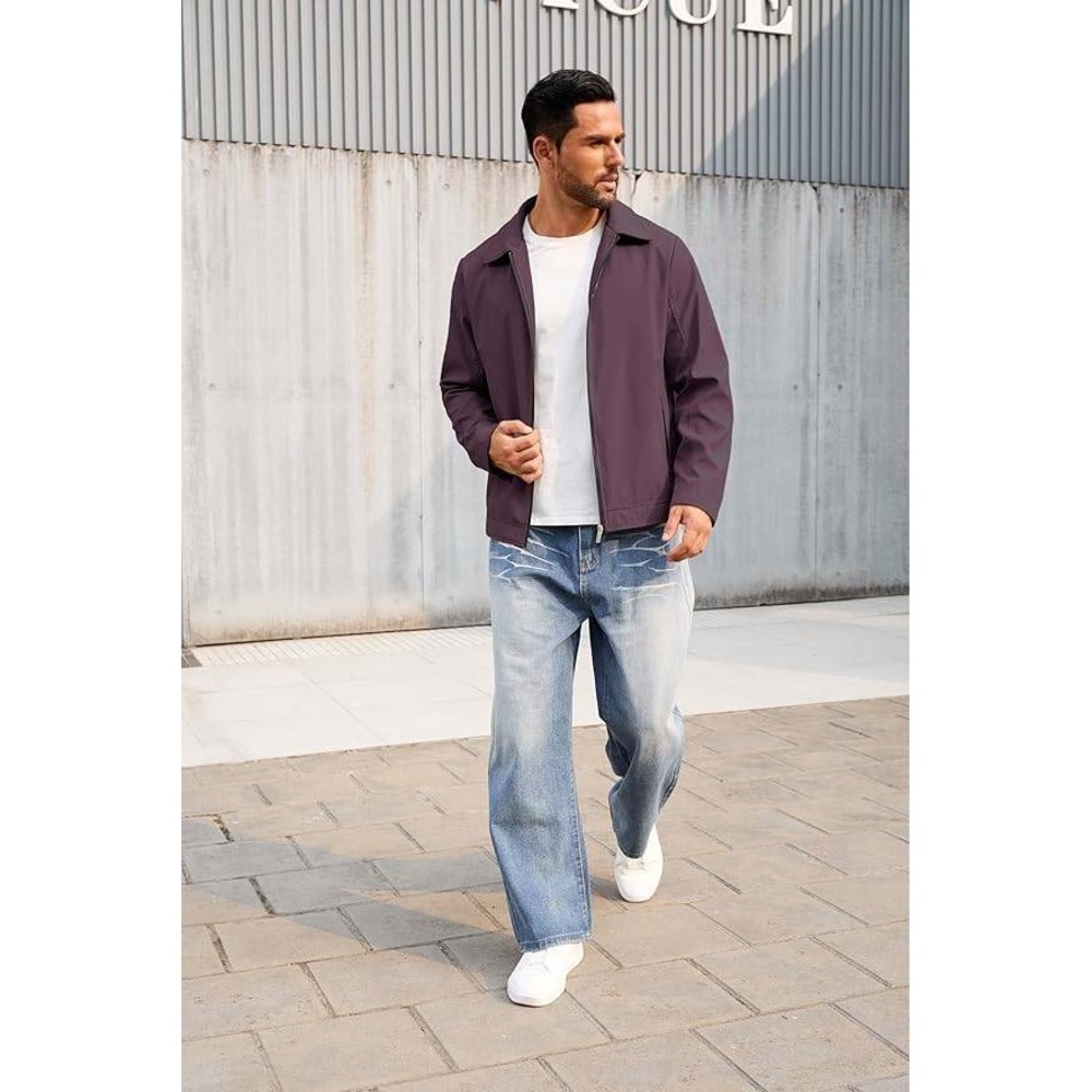 Mens Plum Purple Harrington Jacket Full Zip Plaid Lined Casual Windbreaker Coat - Picture 2 of 5